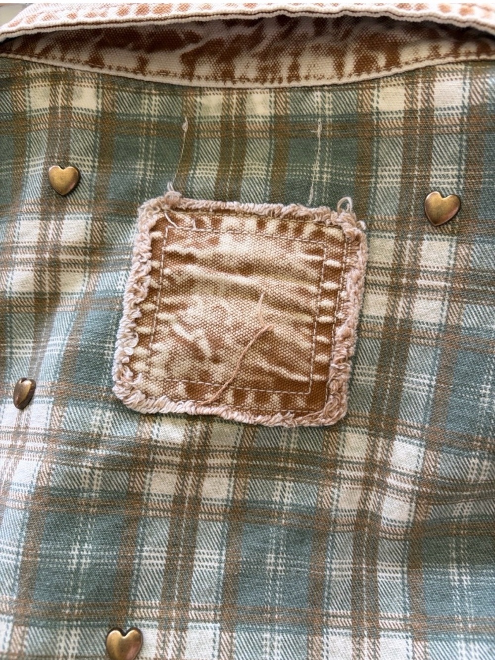 POL Heart Stud Vintage Wash Olive Green & Tan Plaid SHACKET NEW FALL WINTER - Picture 9 of 9